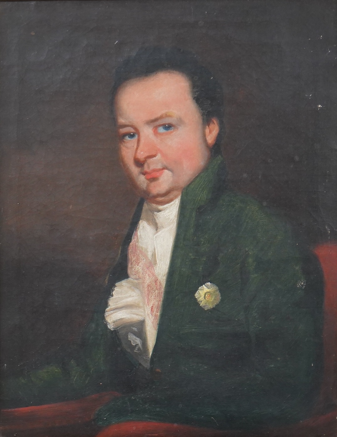 18th century, English School, Portrait of a gentleman wearing a green frock coat, unsigned, oil on canvas, 17 x 21cm